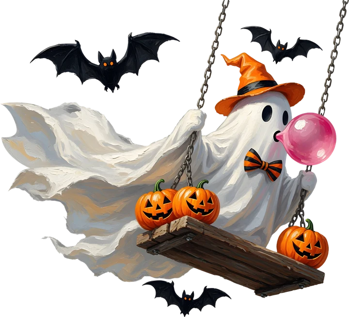 Ghost on Swing with Pumpkins DTF Transfer