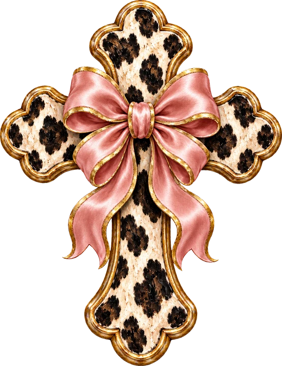 Leopard Print Cross with Pink Bow DTF Transfer