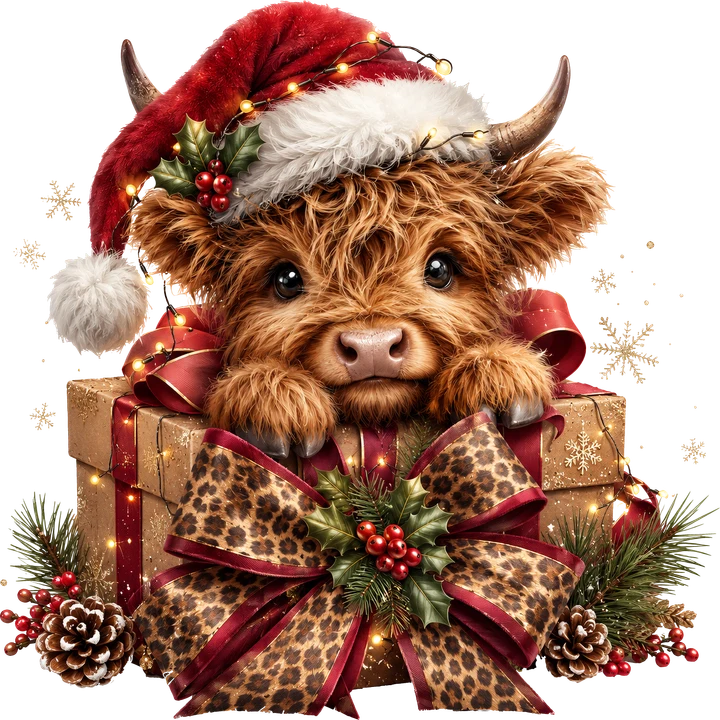 Cute Highland Cow in Santa Hat DTF Transfer