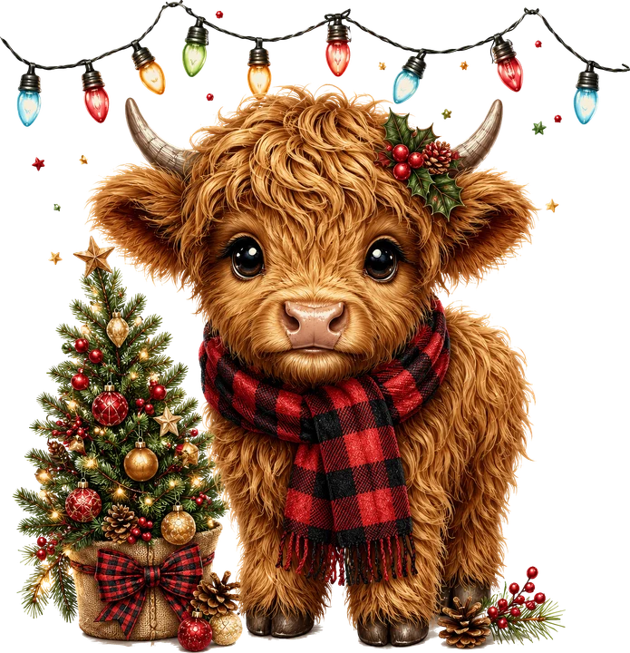 Vaca de las Tierras Altas, adorable, con un árbol de Navidad — Transfer DTF