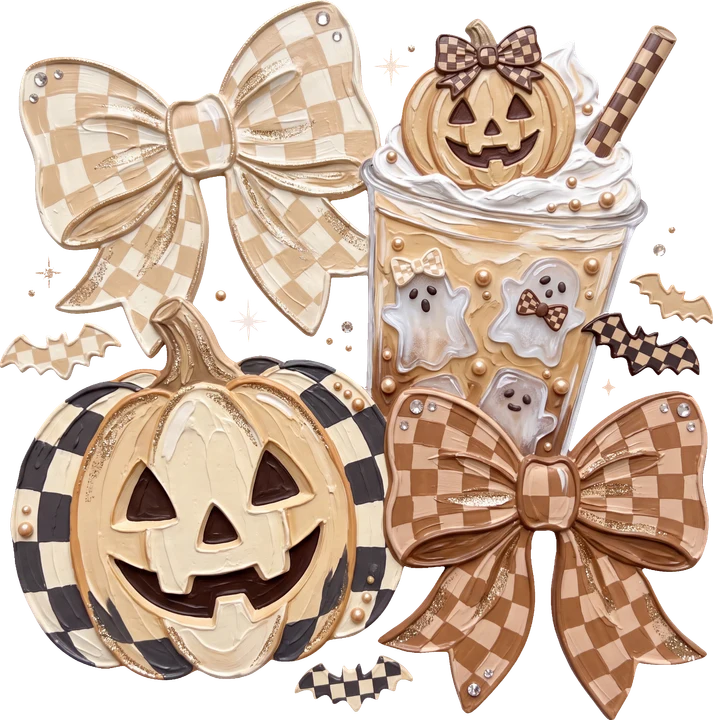 Checkered Halloween Bow and Pumpkin DTF Transfer