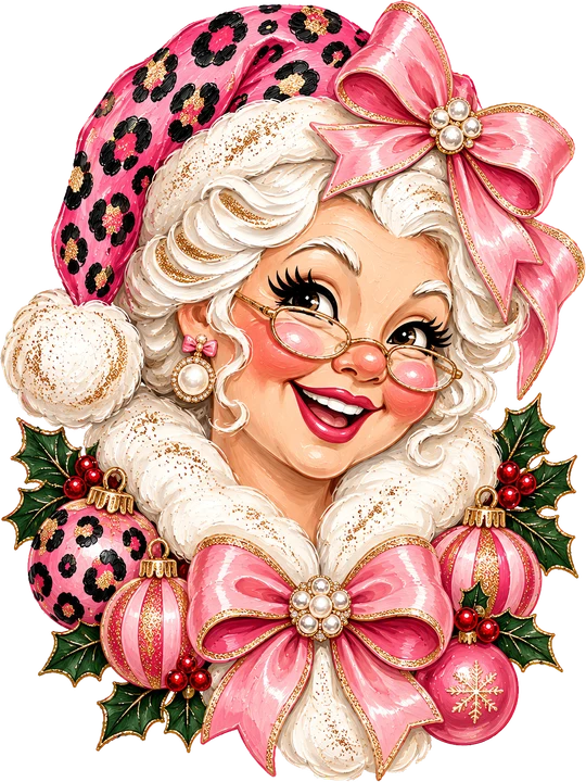 Señora Claus con estampado de leopardo rosa — Transfer DTF