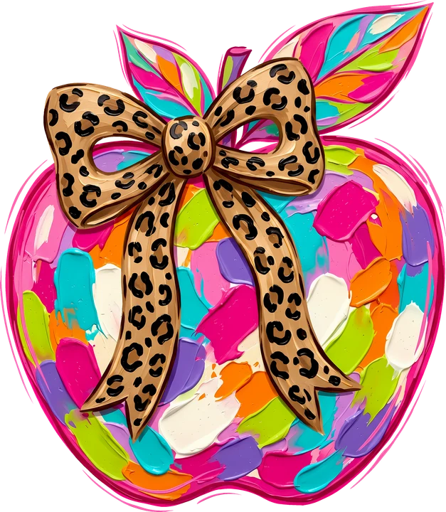 Colorful Apple with Leopard Bow DTF Transfer