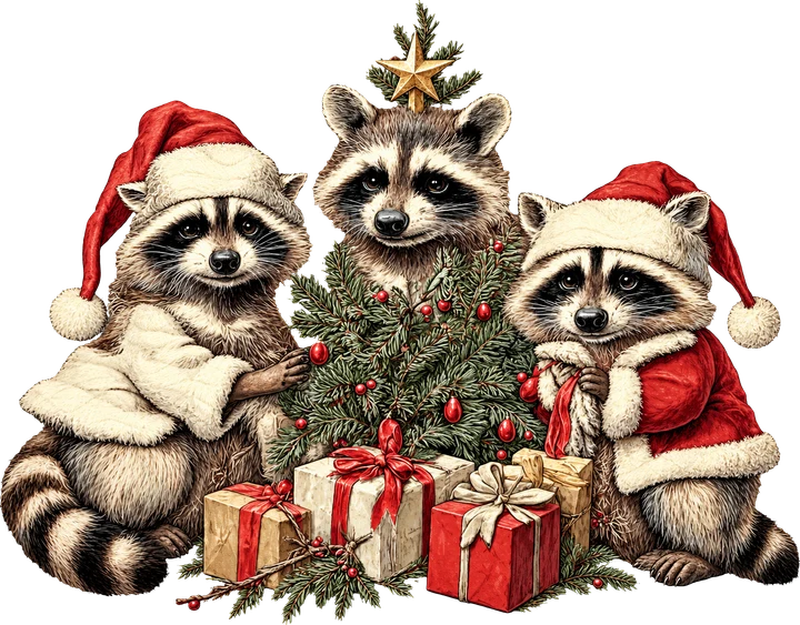 Three Raccoons Around Christmas Tree DTF Transfer