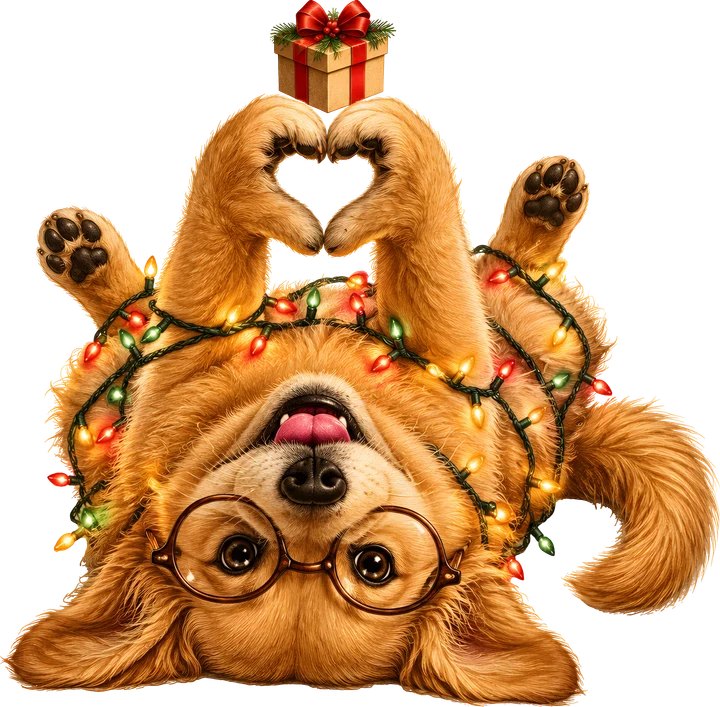 Perro dorado con manos en forma de corazón — Transfer DTF