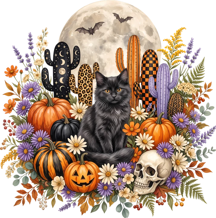 Black Cat with Cacti and Pumpkins DTF Transfer