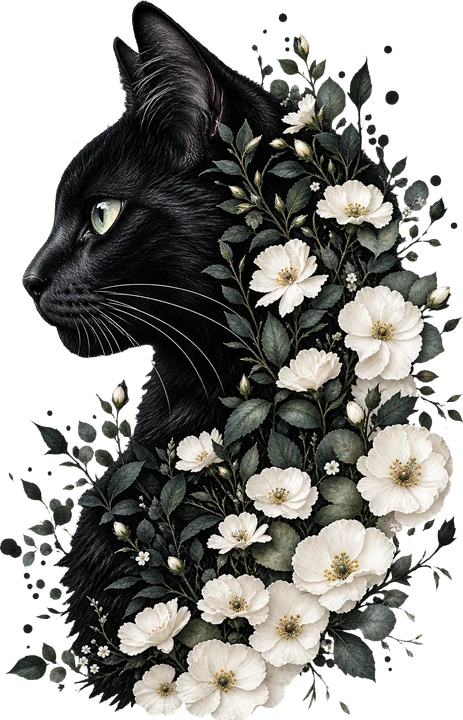 Black Cat with White Flowers DTF Transfer