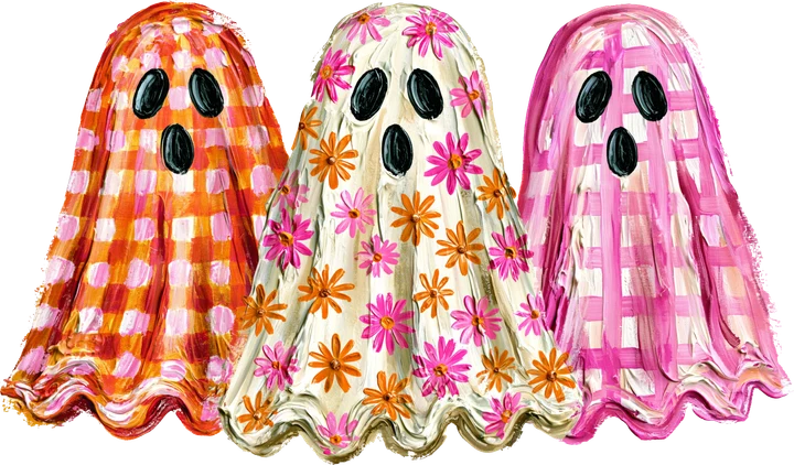 Floral and Gingham Ghosts in Pink and Orange DTF Transfer