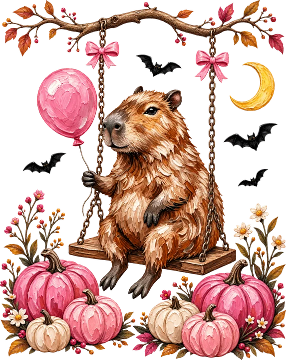 Capybara on Swing with Pumpkins DTF Transfer