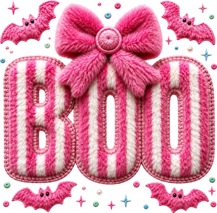 Rosa, con el código "BOO", y con murciélagos — Transfer DTF