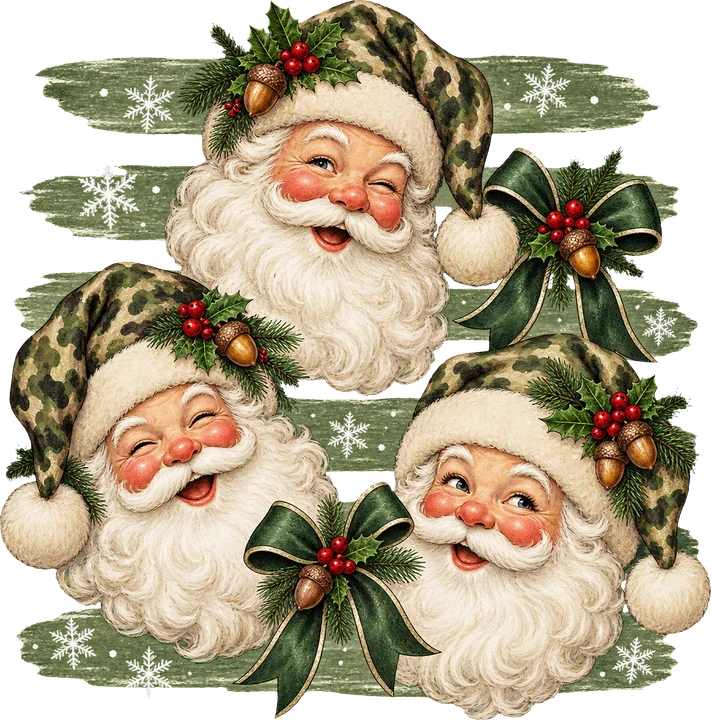 Tres adornos con forma de cabeza de Papá Noel, con diseño de camuflaje — Transfer DTF