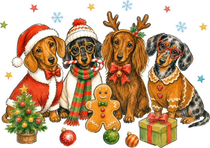 Dachshunds in Festive Outfits DTF Transfer