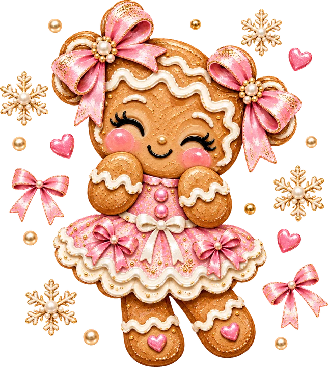 Gingerbread Girl with Pink Bow DTF Transfer