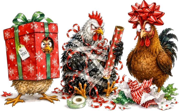 Pollo envuelto en papel de regalo navideño — Transfer DTF