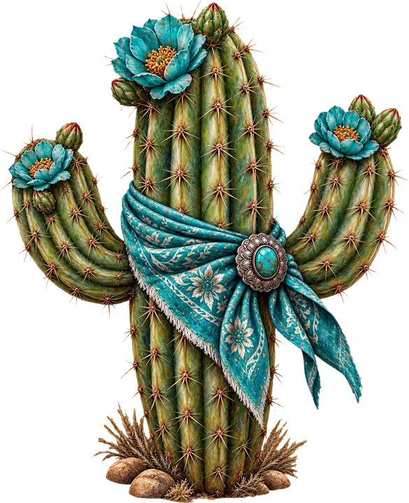 Cactus with Turquoise Scarf DTF Transfer