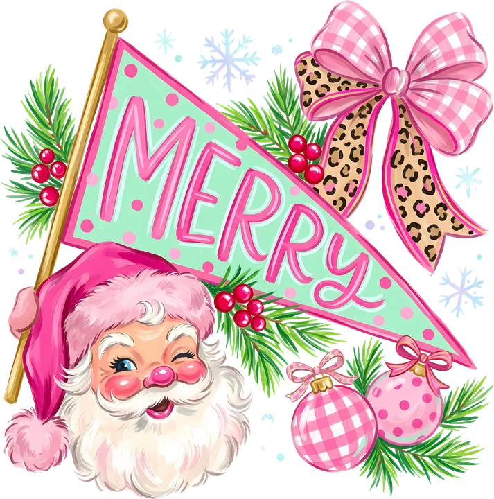 Santa Claus de color rosa con la bandera "MERRY" — Transfer DTF