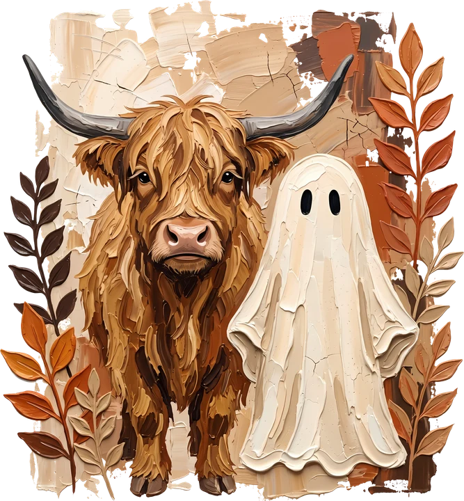 Highland Cow and Ghost with Autumn Leaves DTF Transfer
