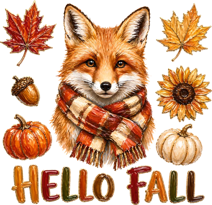 Renard portant une écharpe, avec des feuilles d'automne — Transfert DTF