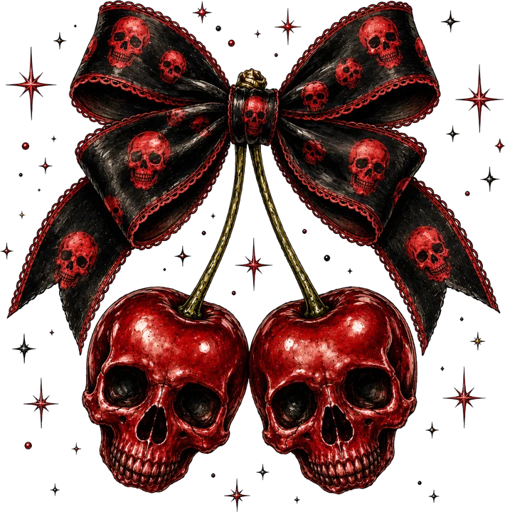 Skull Cherries with Skull Bow DTF Transfer