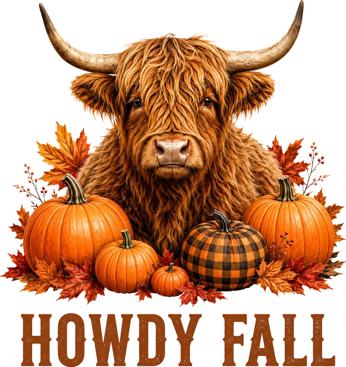 Vaca de raza Highland con el código "Howdy Fall" — Transfer DTF