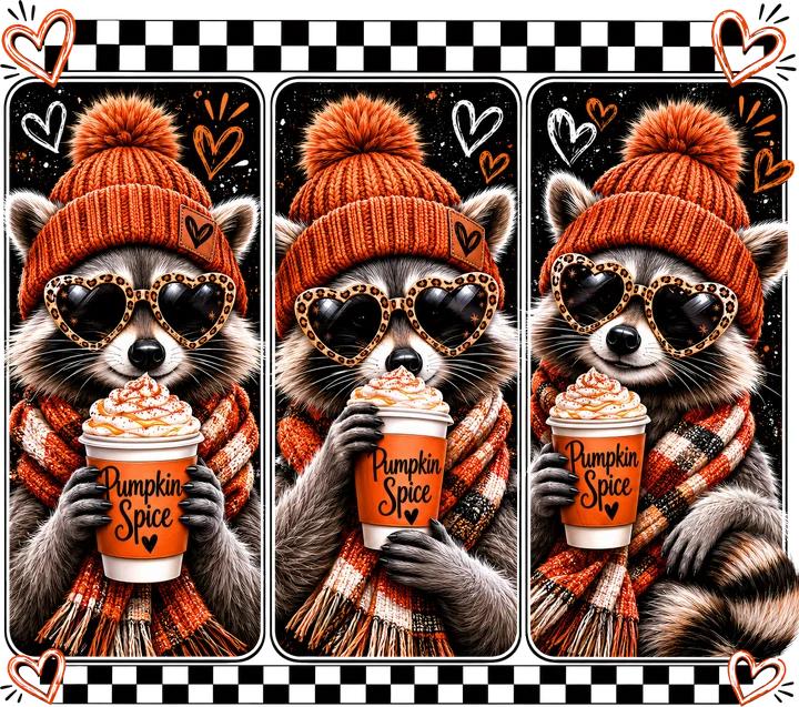 Три енота с напитками, обозначенными как "Pumpkin Spice" — DTF-трансфер