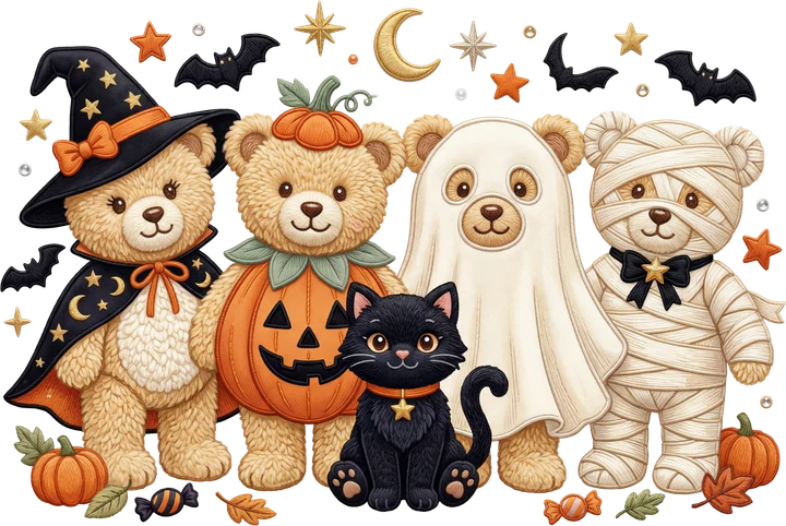 Mga laruan na hugis oso na nakasuot ng mga kasuotan para sa Halloween — DTF Transfer