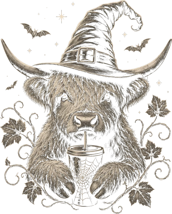 Bruja con vaca de las Tierras Altas en blanco y negro — Transfer DTF