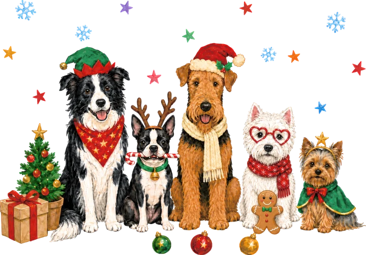 Dogs in Holiday Hats and Scarves DTF Transfer