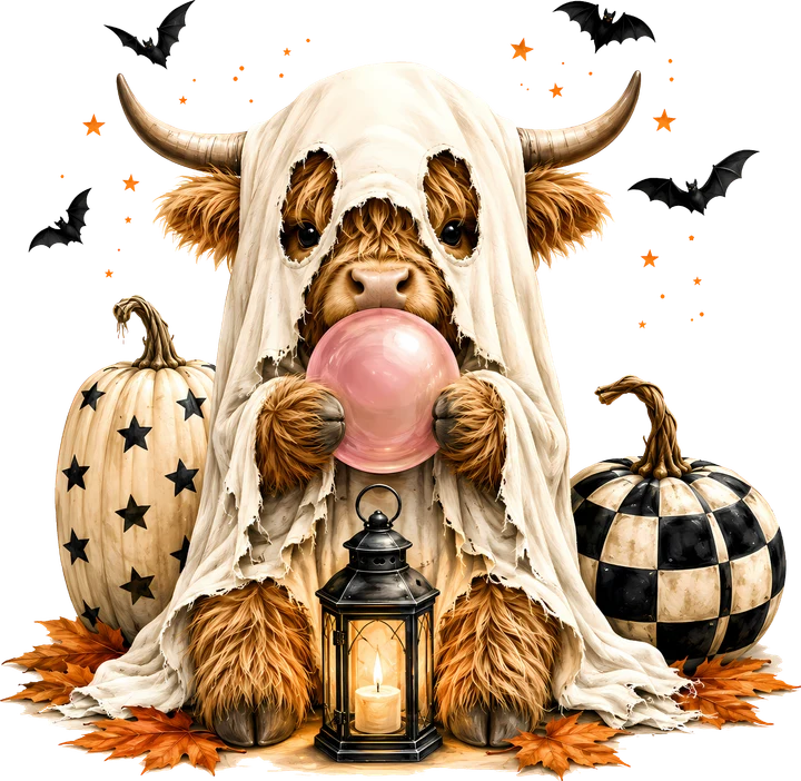 Ghost Cow with Pumpkins DTF Transfer