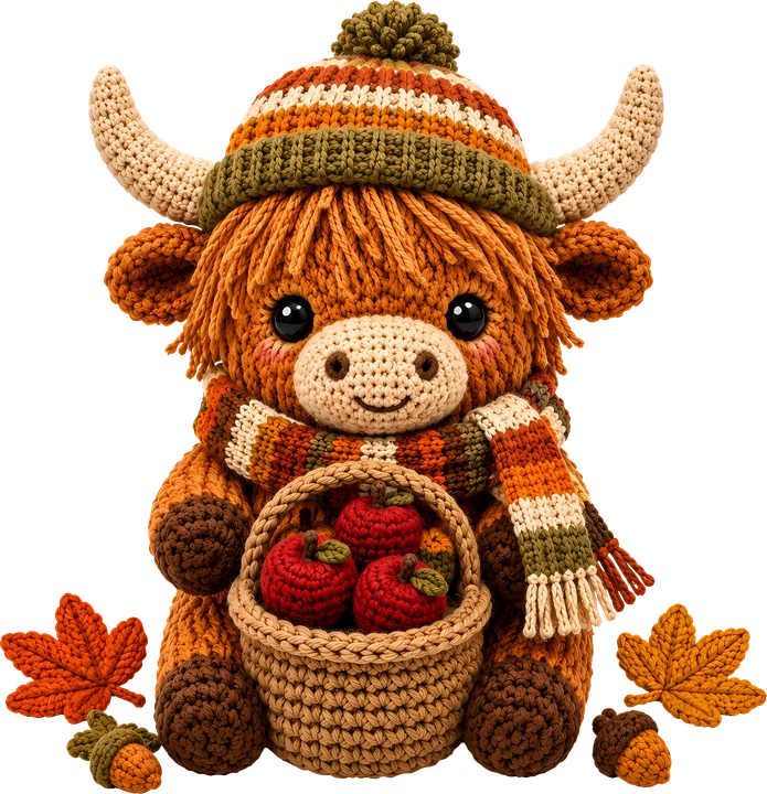 Vaca de las Tierras Altas de crochet con cesta — Transfer DTF