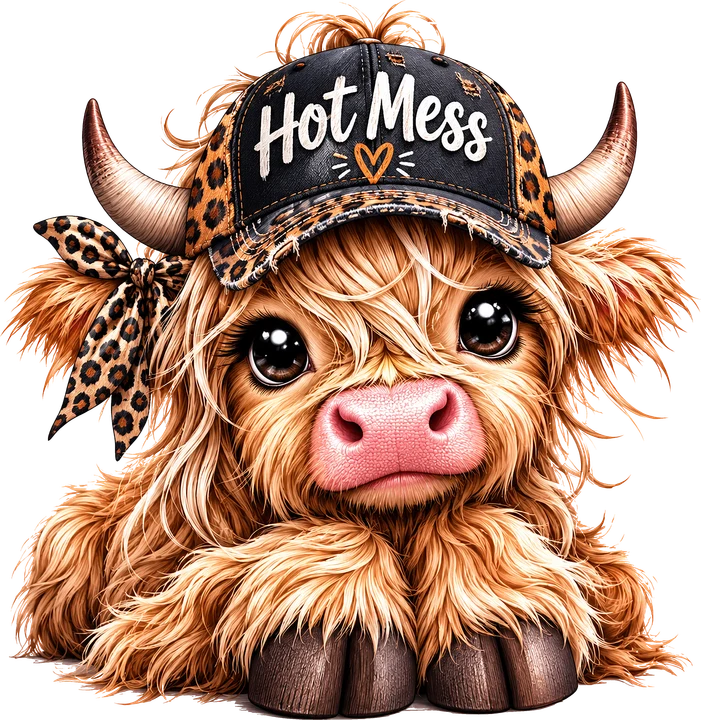 Cute Highland Cow with Hot Mess Cap DTF Transfer