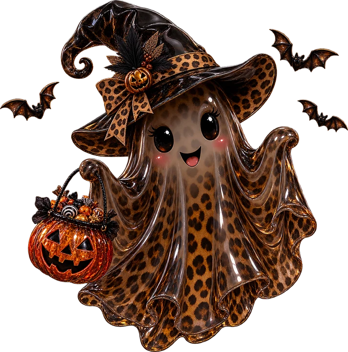 Cute Leopard Ghost with Pumpkin DTF Transfer