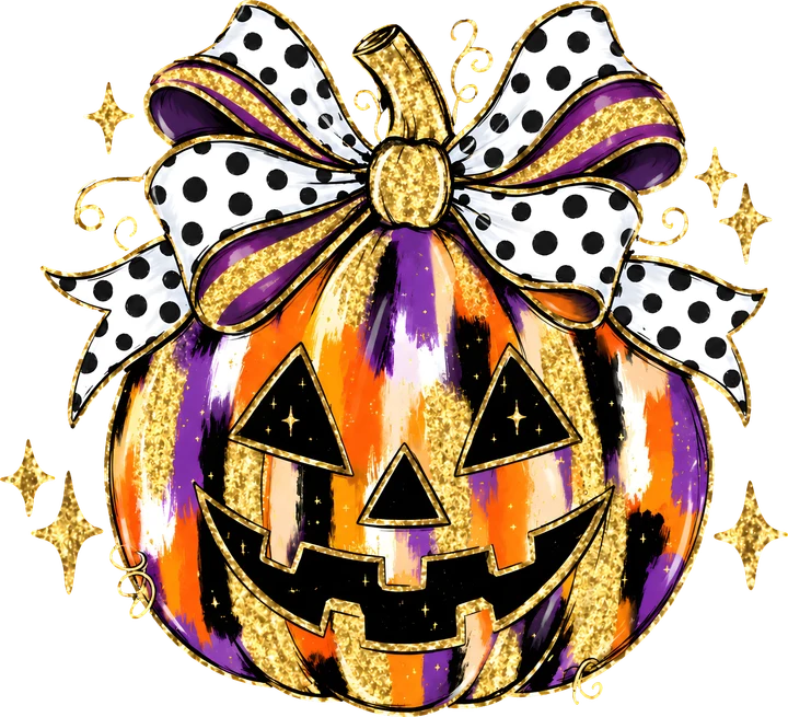 Glitter Pumpkin with Polka Dot Bow DTF Transfer