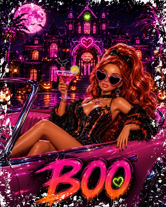 Coche rosa con la inscripción "BOO" — Transfer DTF