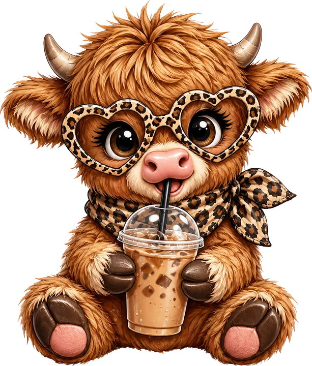 Cute Highland Cow with Coffee DTF Transfer