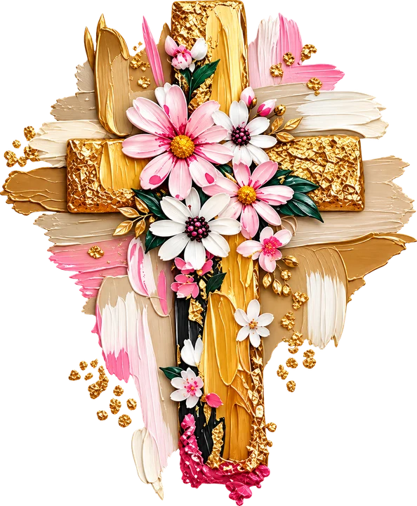 Golden Cross with Floral DTF Transfer