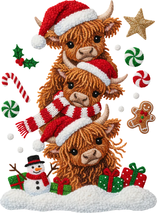 Three Highland Cows in Santa Hats DTF Transfer