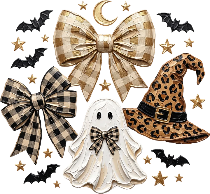 Gold Plaid Bow & Leopard Witch Hat DTF Transfer