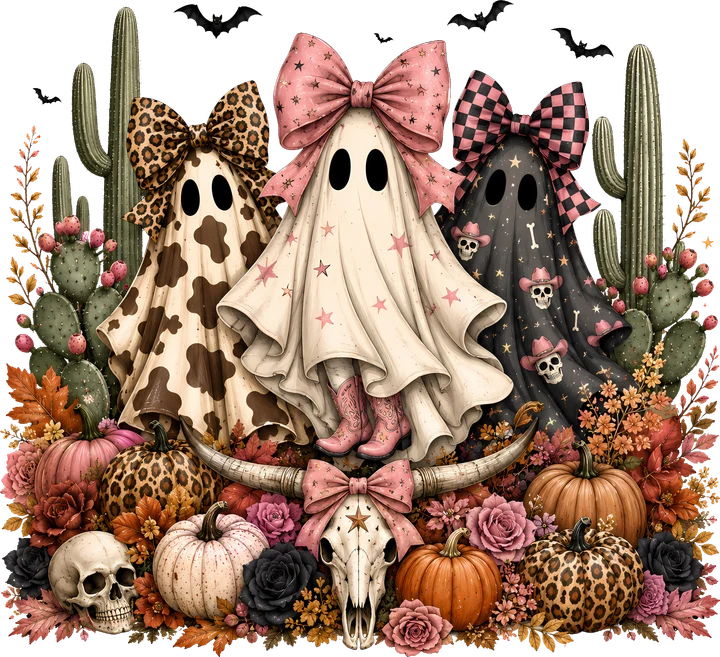 Cactus Ghosts with Bow Decor DTF Transfer