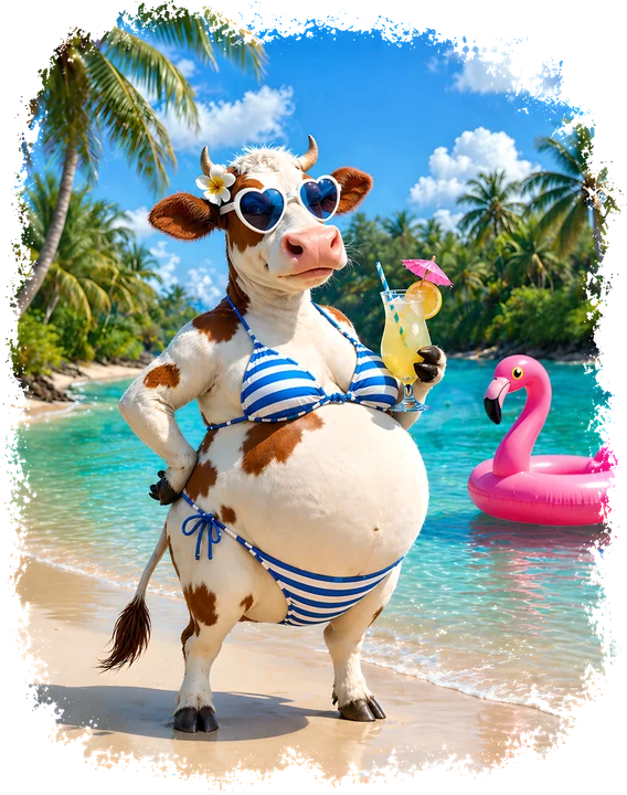 Cow in Bikini at Beach DTF Transfer