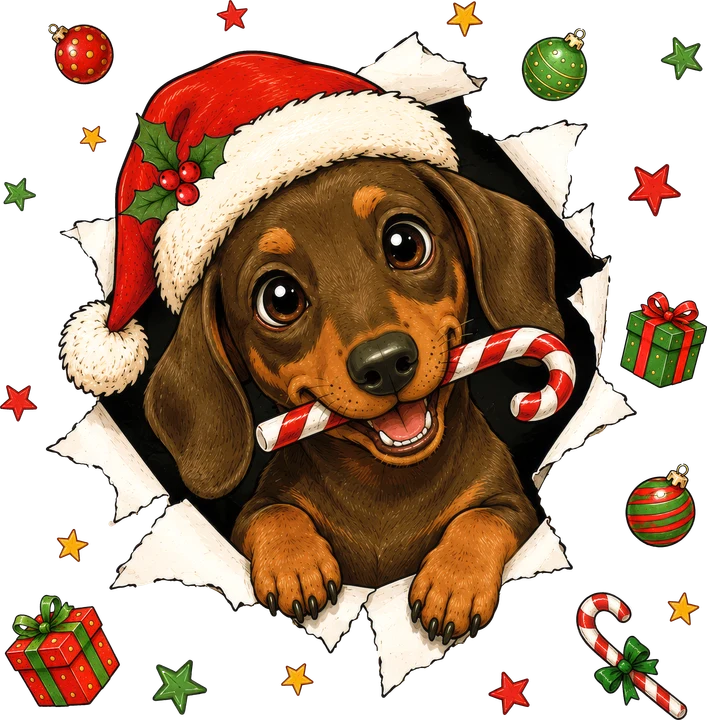 Un dachshund asoma por un agujero, sosteniendo una caña de caramelo — Transfer DTF