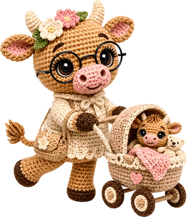 Crochet Cow with Baby in Stroller DTF Transfer