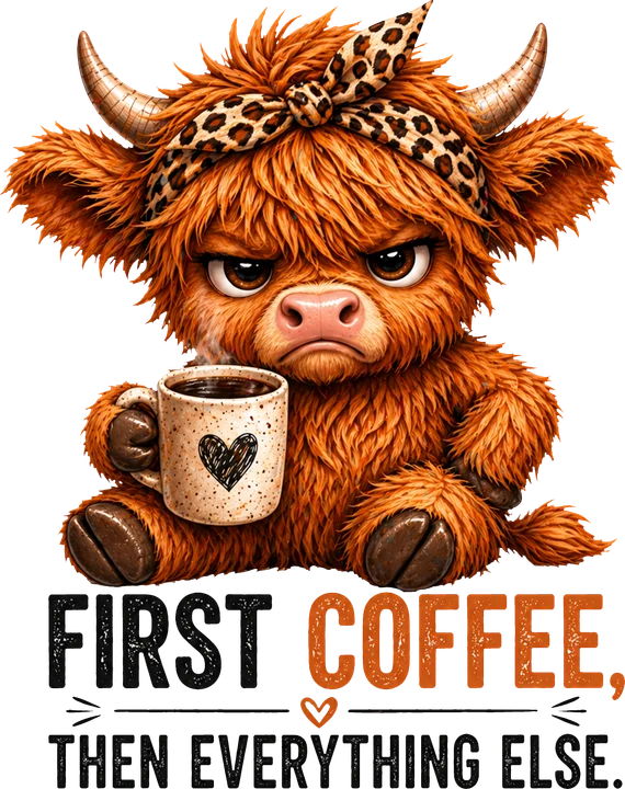 Cute Highland Cow with Coffee DTF Transfer