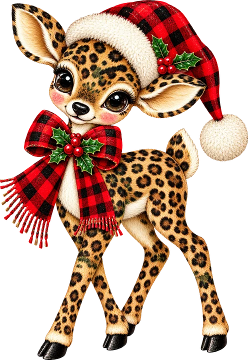 Cute Leopard Deer in Santa Hat DTF Transfer