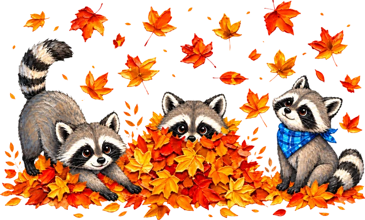 Three Raccoons in Autumn Leaves DTF Transfer