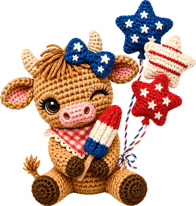 Patriotic Crochet-Style Cow DTF Transfer