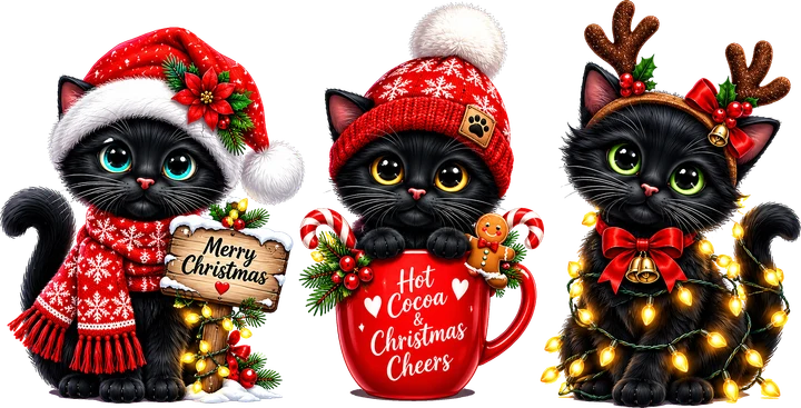 Three Festive Black Kittens DTF Transfer