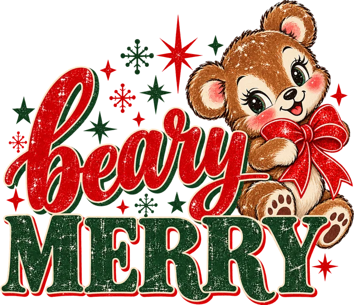 Beary Merry Bear with Bow DTF Transfer