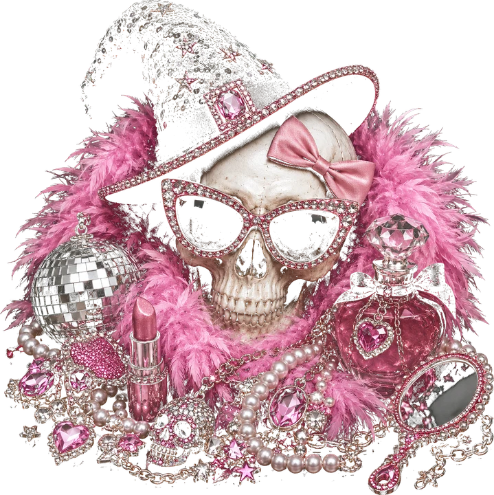 Calavera de Halloween con un toque glamuroso y rosa — Transfer DTF