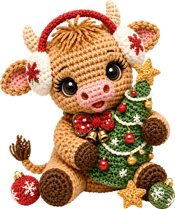Crochet Cow Holding Christmas Tree DTF Transfer
